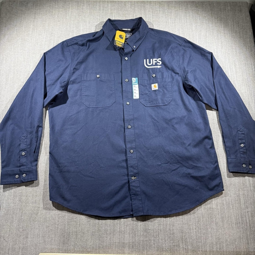 Carhartt Shirt Mens 2XL Blue Canvas Long Sleeve Button Up Logo Workwear